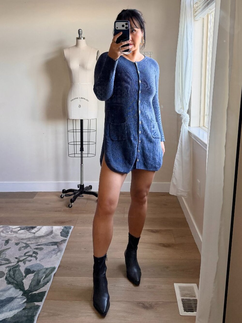 Mansted Blue Knit Cardigan Dress | Cotton Button Up Longline Top | Size Medium